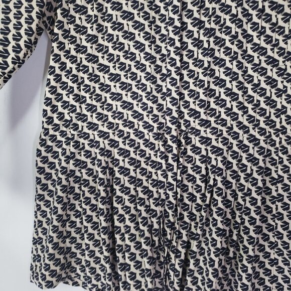 Maeve Button Front Peplum Bird Print Blouse S Tie Waist Black Ivory Pleated - Picture 6 of 9